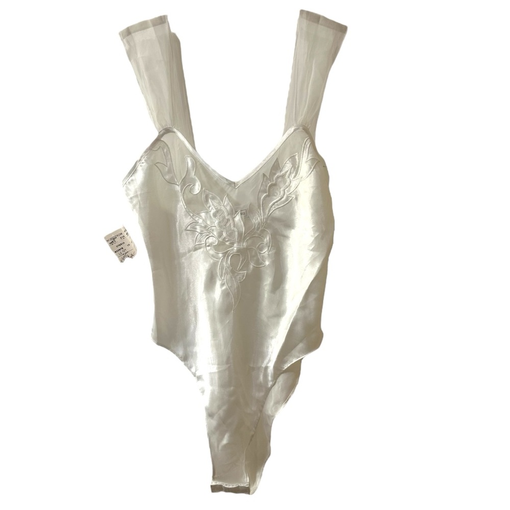 Vintage 1990’s Natori Sheer Mesh & Satin Embroidered Bodysuit lingerie Size S